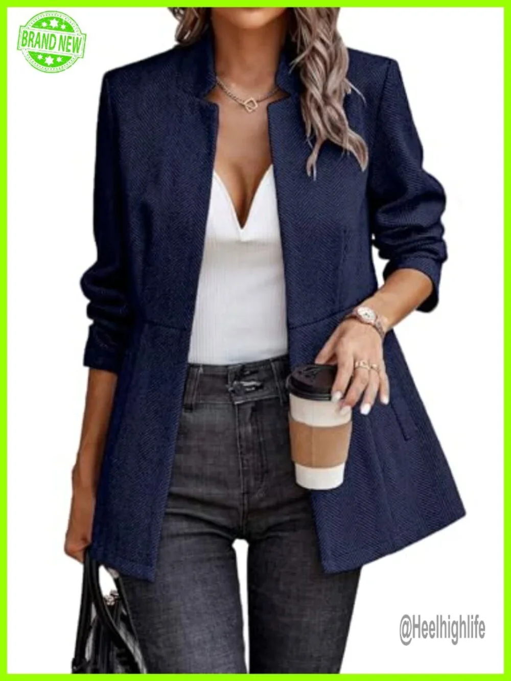 Women's Open Front Herringbone Blazer - Long Sleeve Business Casual Work